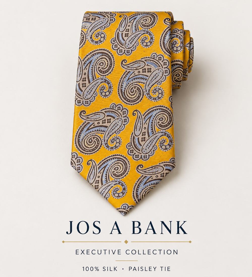 Jos. A. Bank Executive Collection 100% Silk Paisley Tie Yellow Gray USA